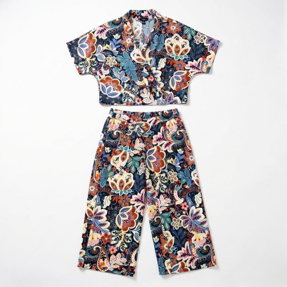 Milk & Honey Paisley Floral 2 Piece Set Crop Top Wide Leg Pants Multicolor Large